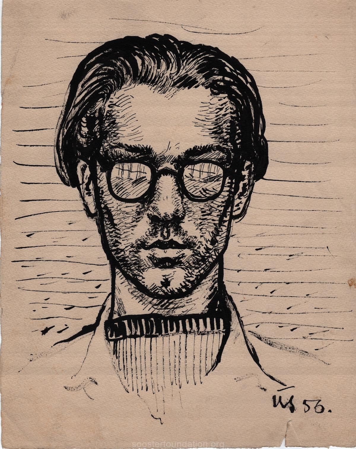 Autoportree eest, okastraadi peegeldusega prillides. Karlag. 1956 Tint ja paber