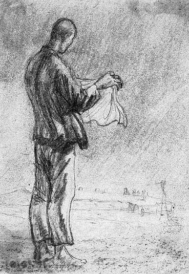 Vang, kes kuivatab taskurätikut tuule käes. 1955_56 Pliiats, paber