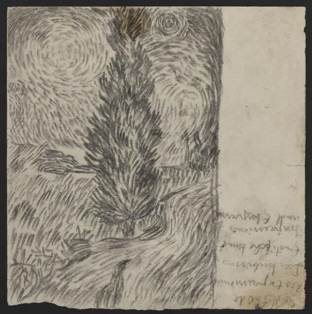 Kadakad, eskiis (Van Goghi stiilis). 1940. aastad Pliiats, paber