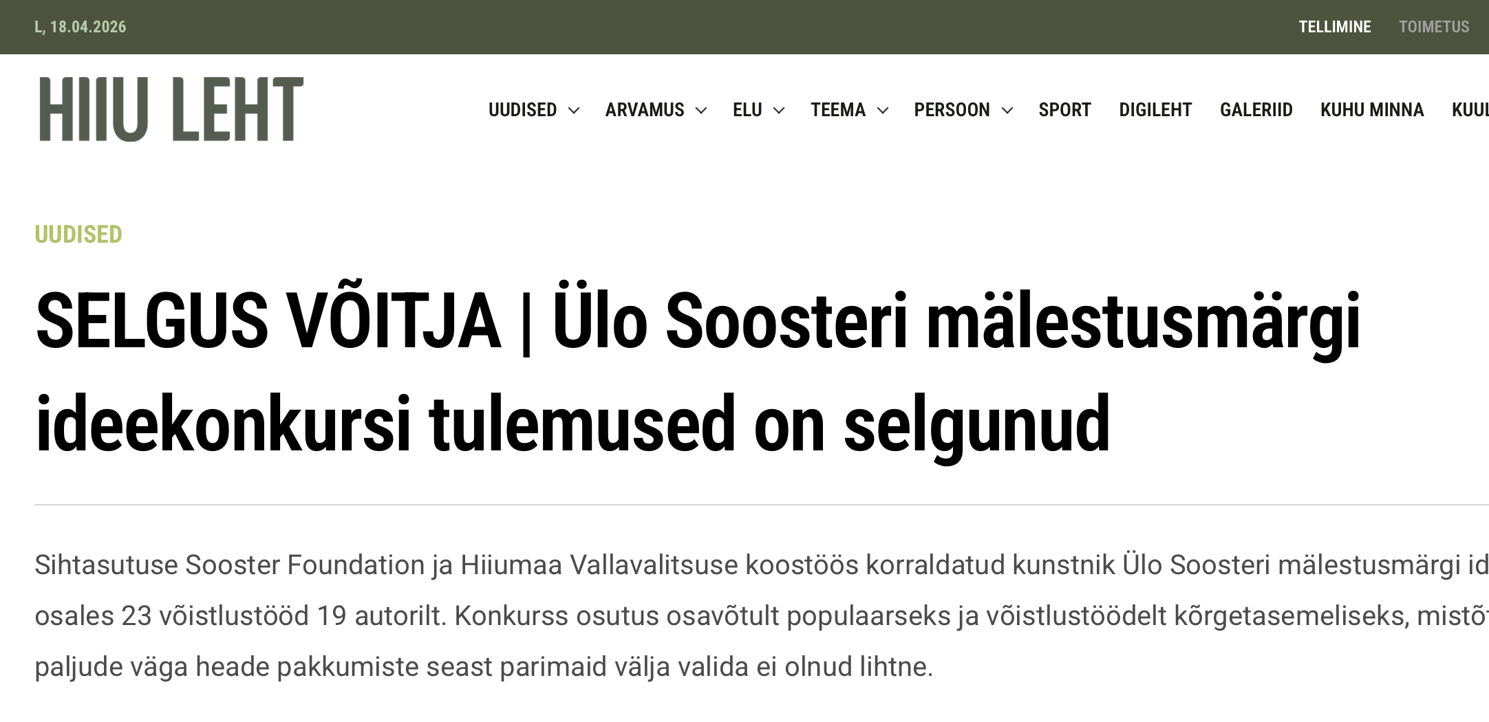 SELGUS VÕITJA | Ülo Soosteri mälestusmärgi ideekonkursi tulemused on selgunud